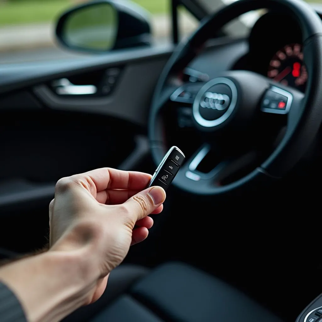 Audi key fob and a modern Audi car