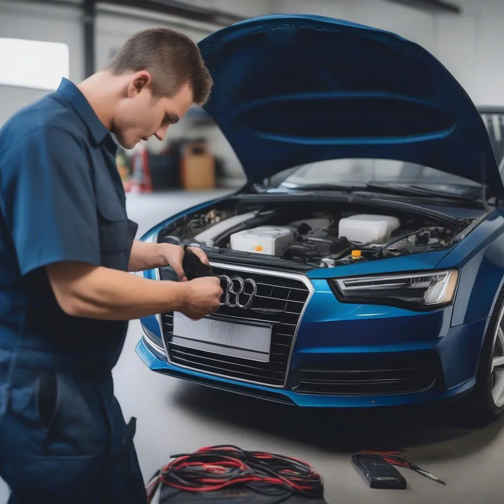 Mechanic using an Audi OBD computer