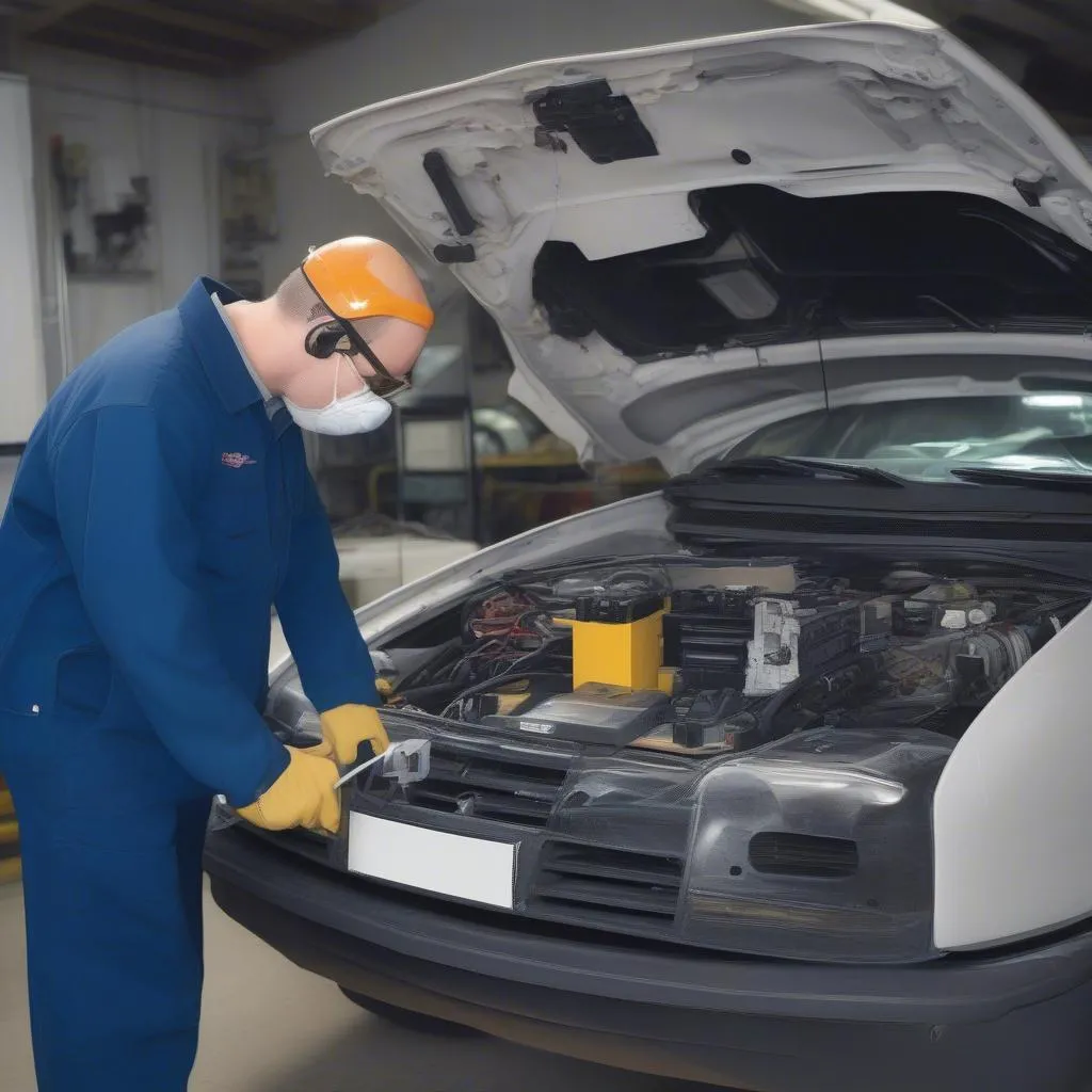 Mechanic working on car electrical system with awareness of surroundings