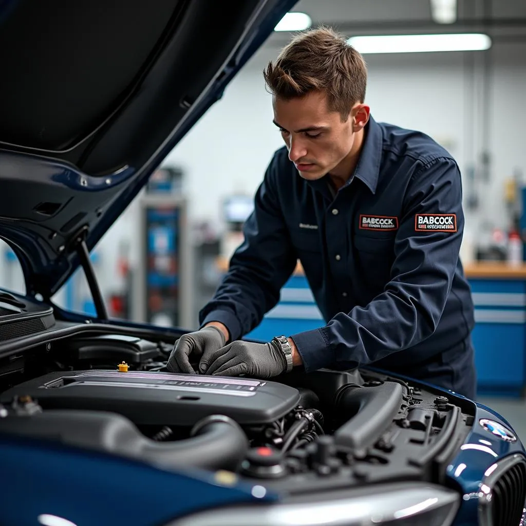 Mechanic working on a BMW engine at Babcock Motors