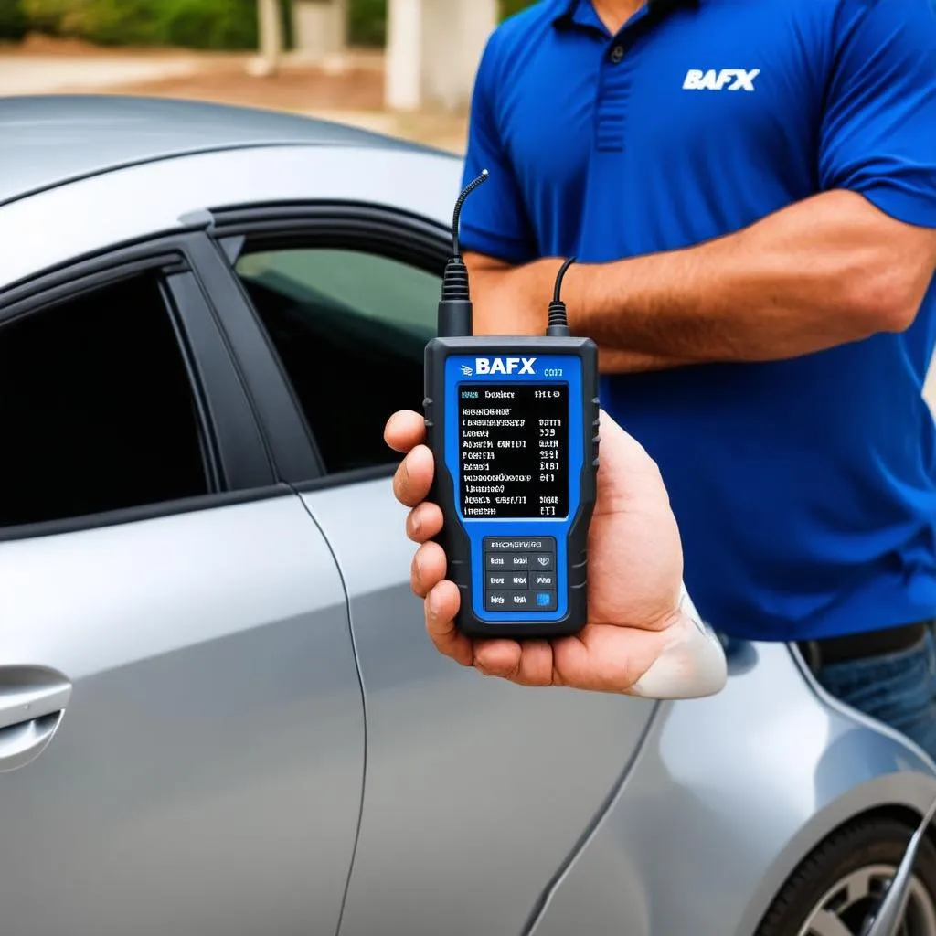 A person holding a BAFX OBD II code reader connected to a car's OBD port