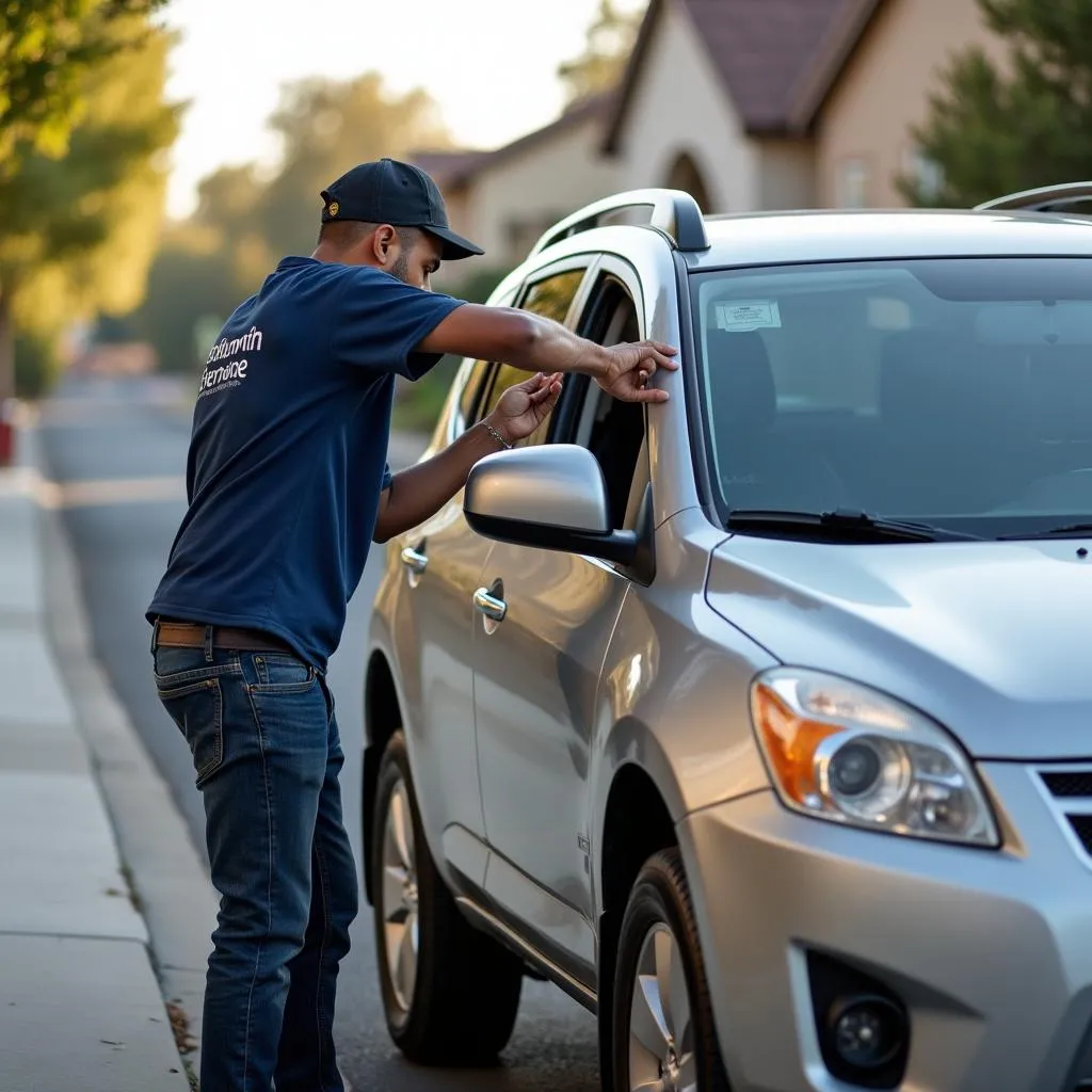 Bakersfield car locksmith unlocking a car door for a stranded motorist