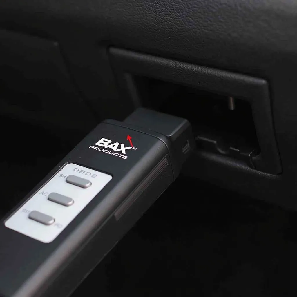 BAX Products OBD2 Scanner connected to a car's OBD2 port