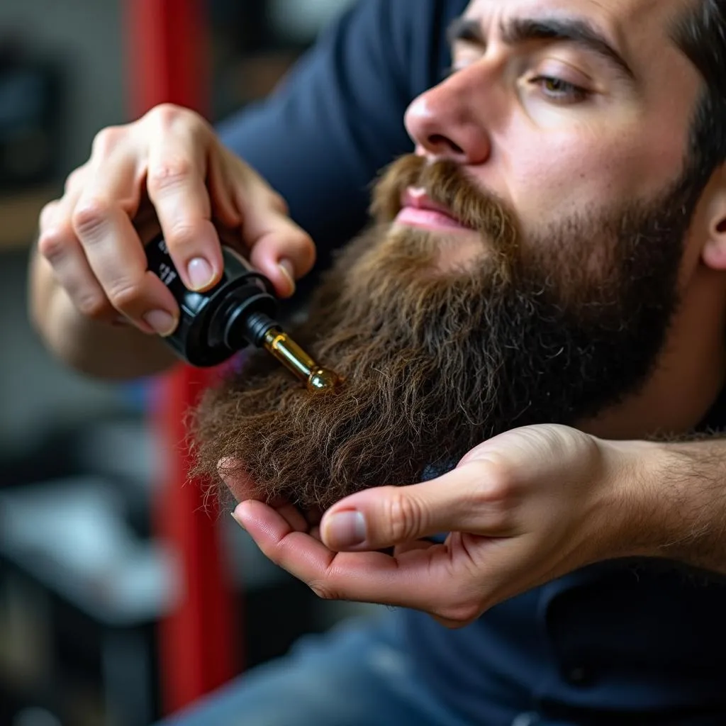 Bearded Mechanic Using Beard Oil