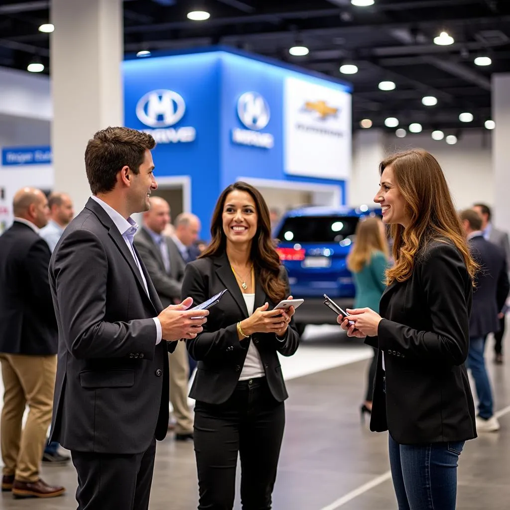 Job seekers interacting with recruiters at an automotive booth during a Belk Career Fair