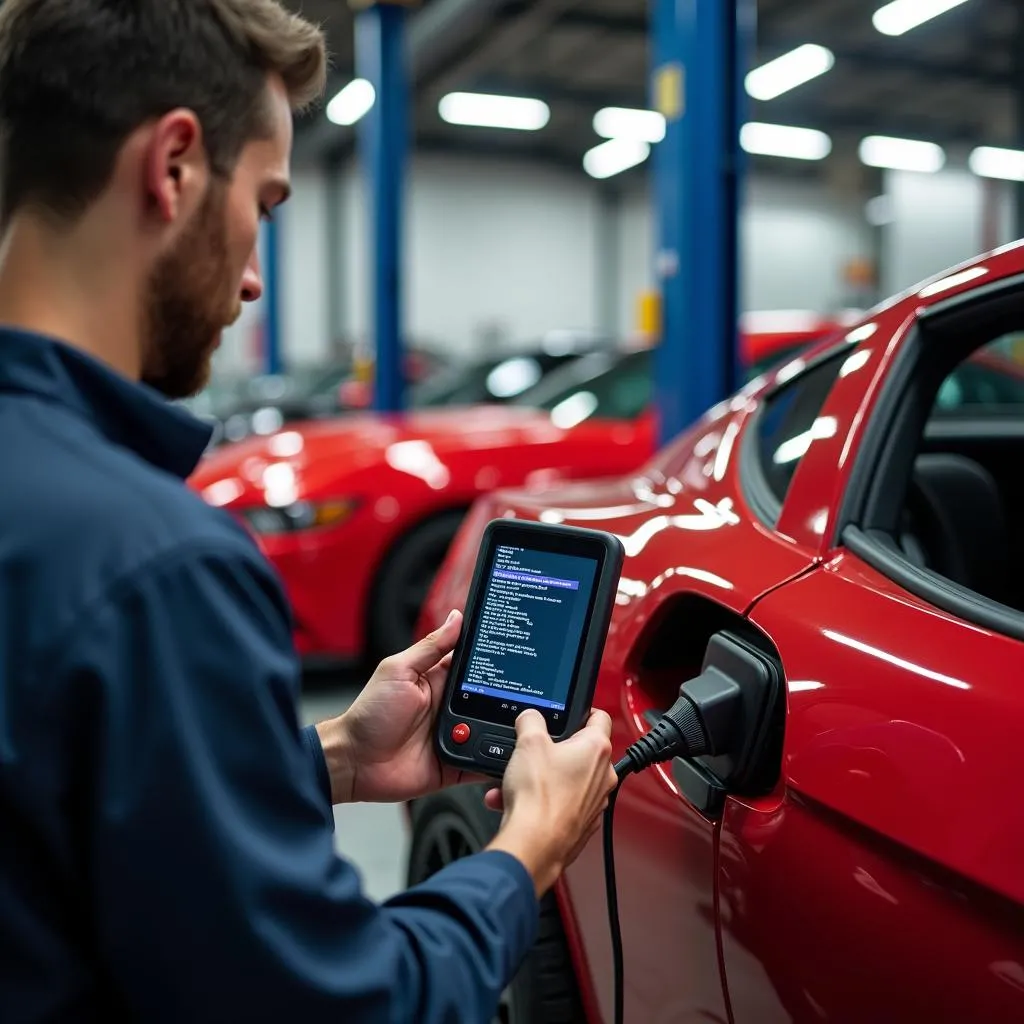 Mechanic using OBD scanner on a car