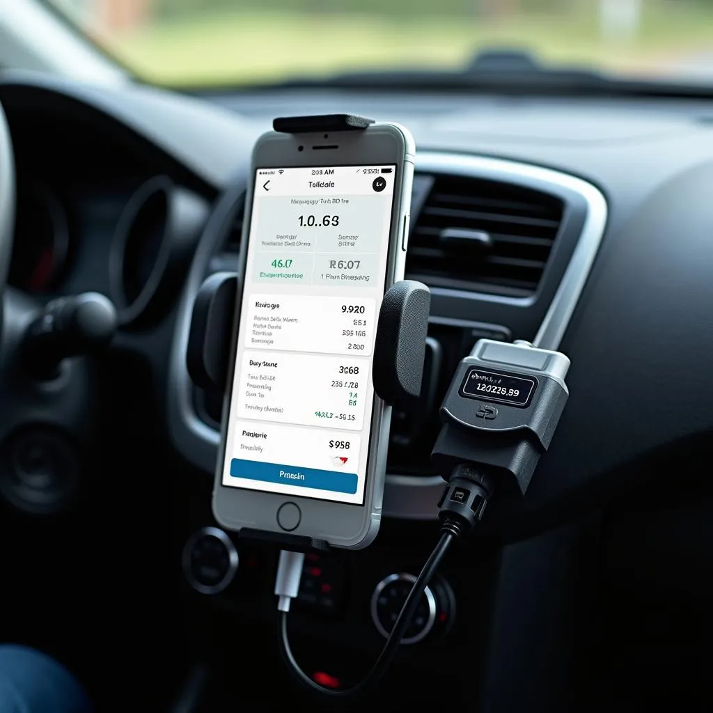 iPhone connected to OBD tool on car dashboard