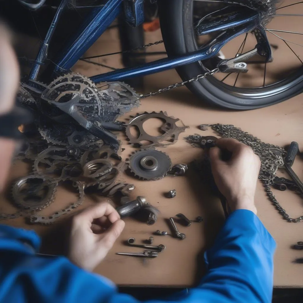 A mechanic working on a bicycle