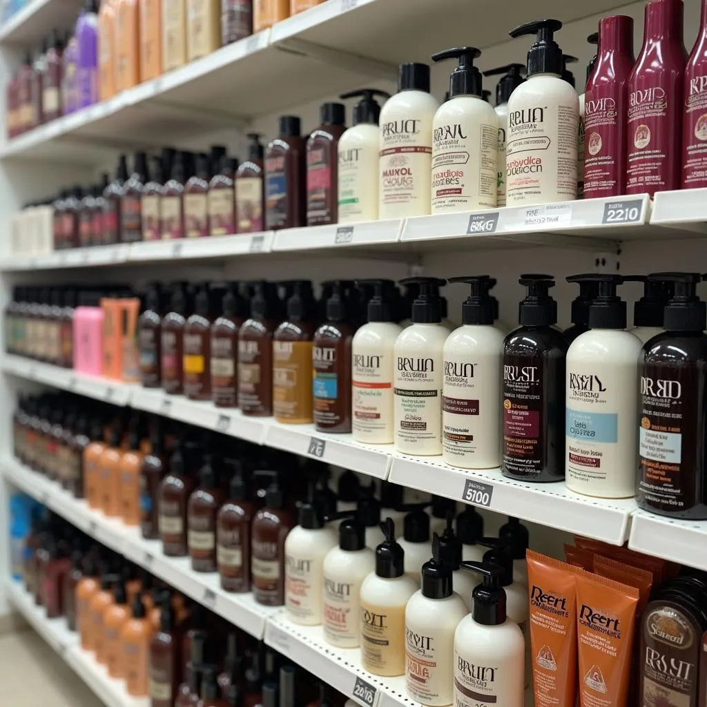 Black hair care products displayed on shelves