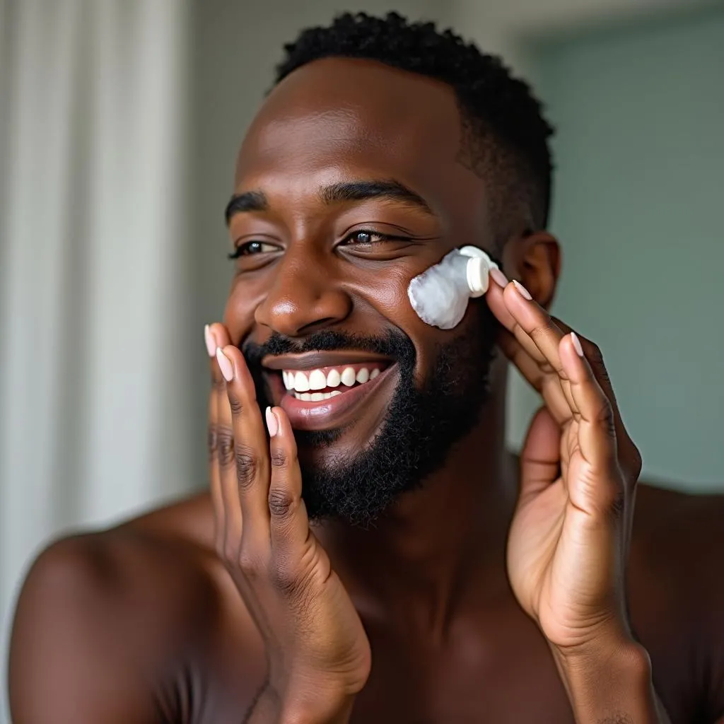 Black man applying moisturizer