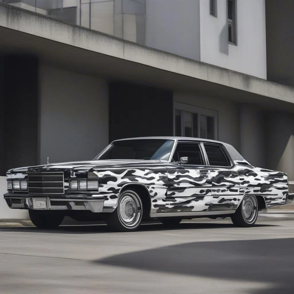 A black and white camo car wrap on a classic sedan