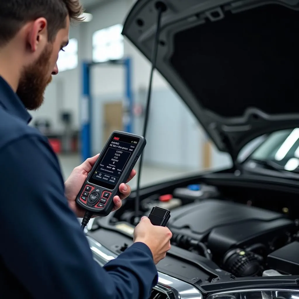 Mechanic holding a high-end OBD scanner, examining a car's engine bay.