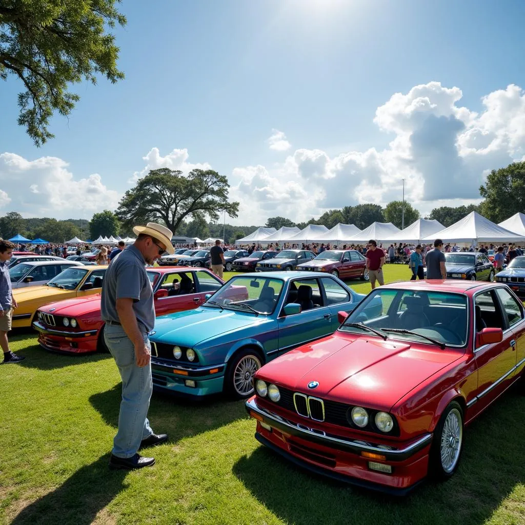 BMW Car Show Display: A line-up of classic and modern BMWs at an outdoor car show in Orlando, showcasing the evolution of the brand.