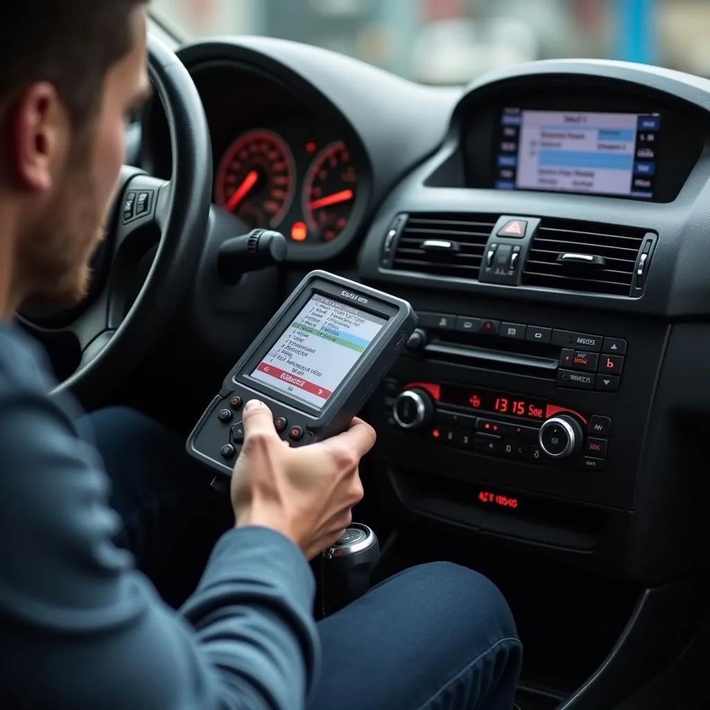 Mechanic using an OBD scanner on a BMW E46