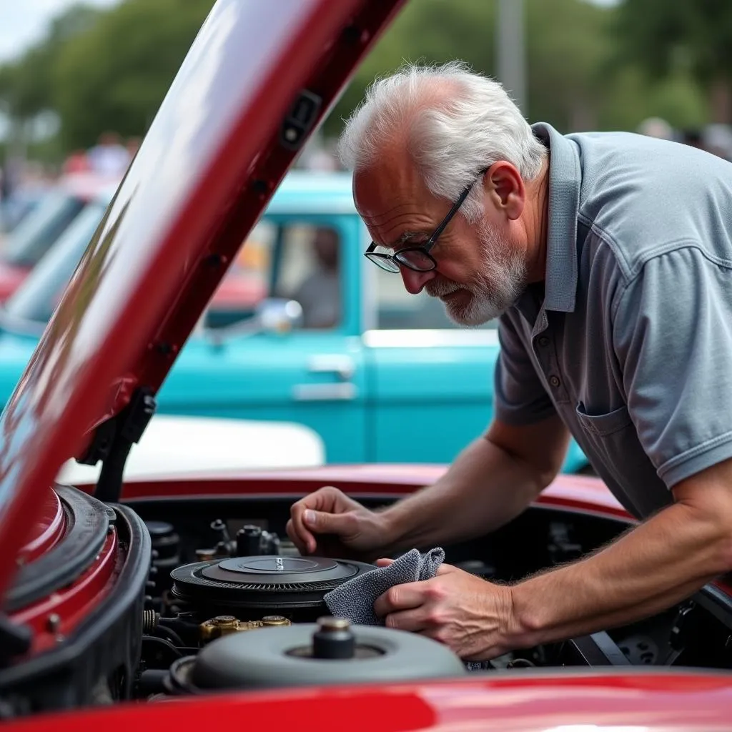 A BMW enthusiast examines the engine of a vintage BMW at a car show in Orlando.