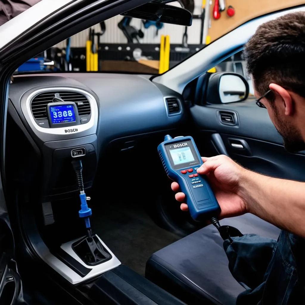 Mechanic connecting Bosch OBD 1050 to a car's OBD-II port