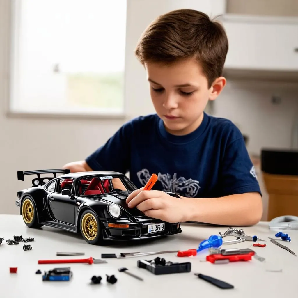 A young boy engrossed in building a 1/24 scale model car