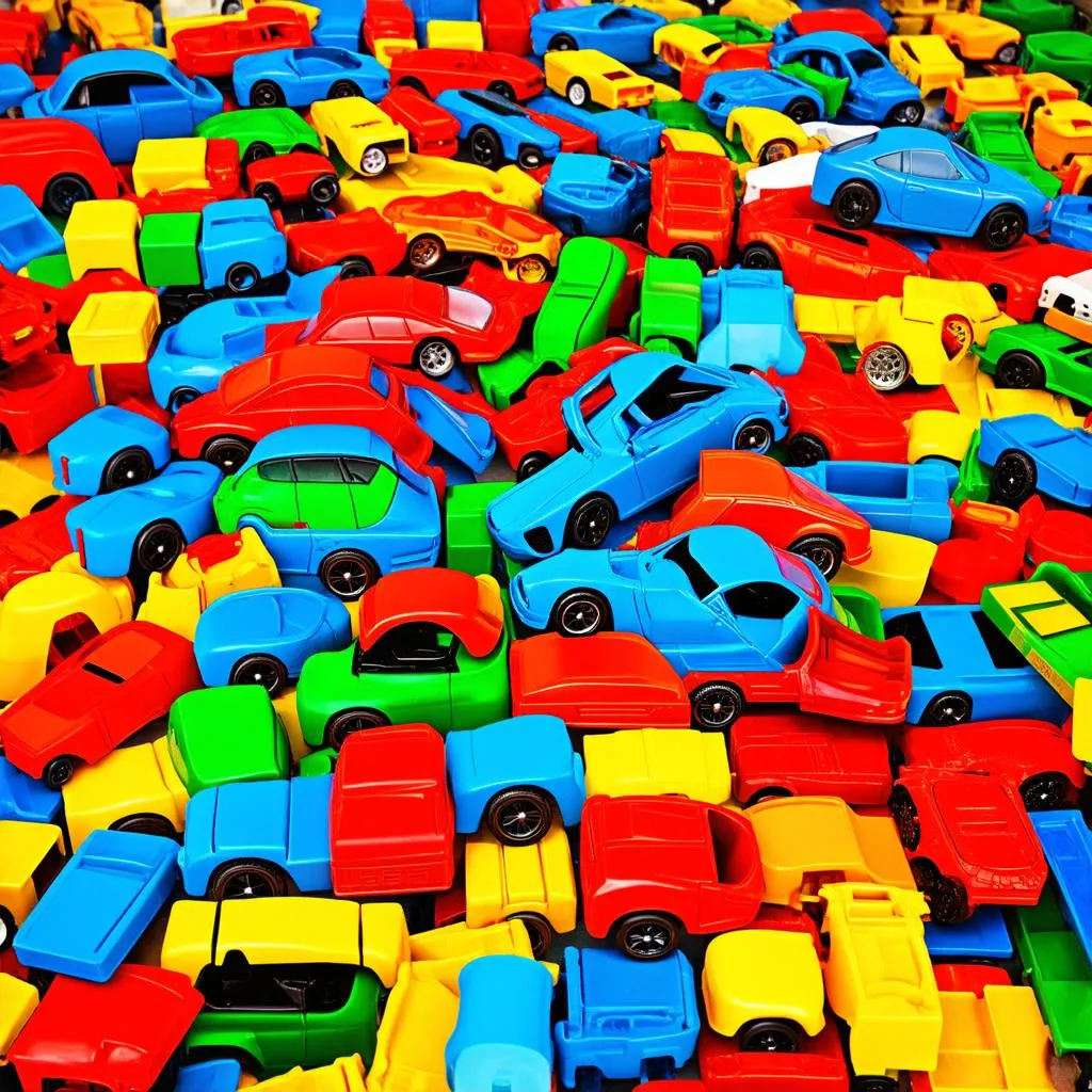 Colorful plastic toy cars in bulk