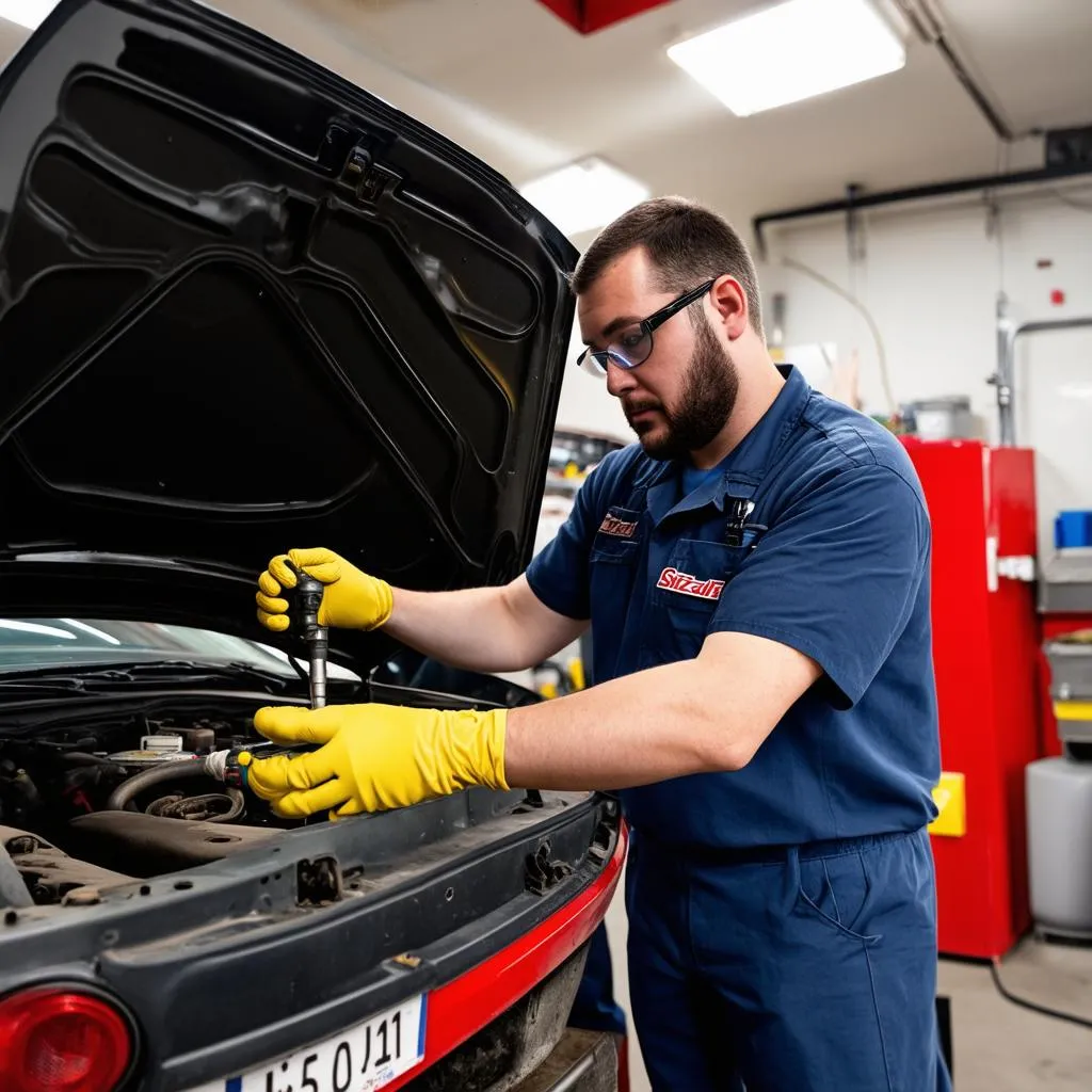 Mechanic repairing a car AC system