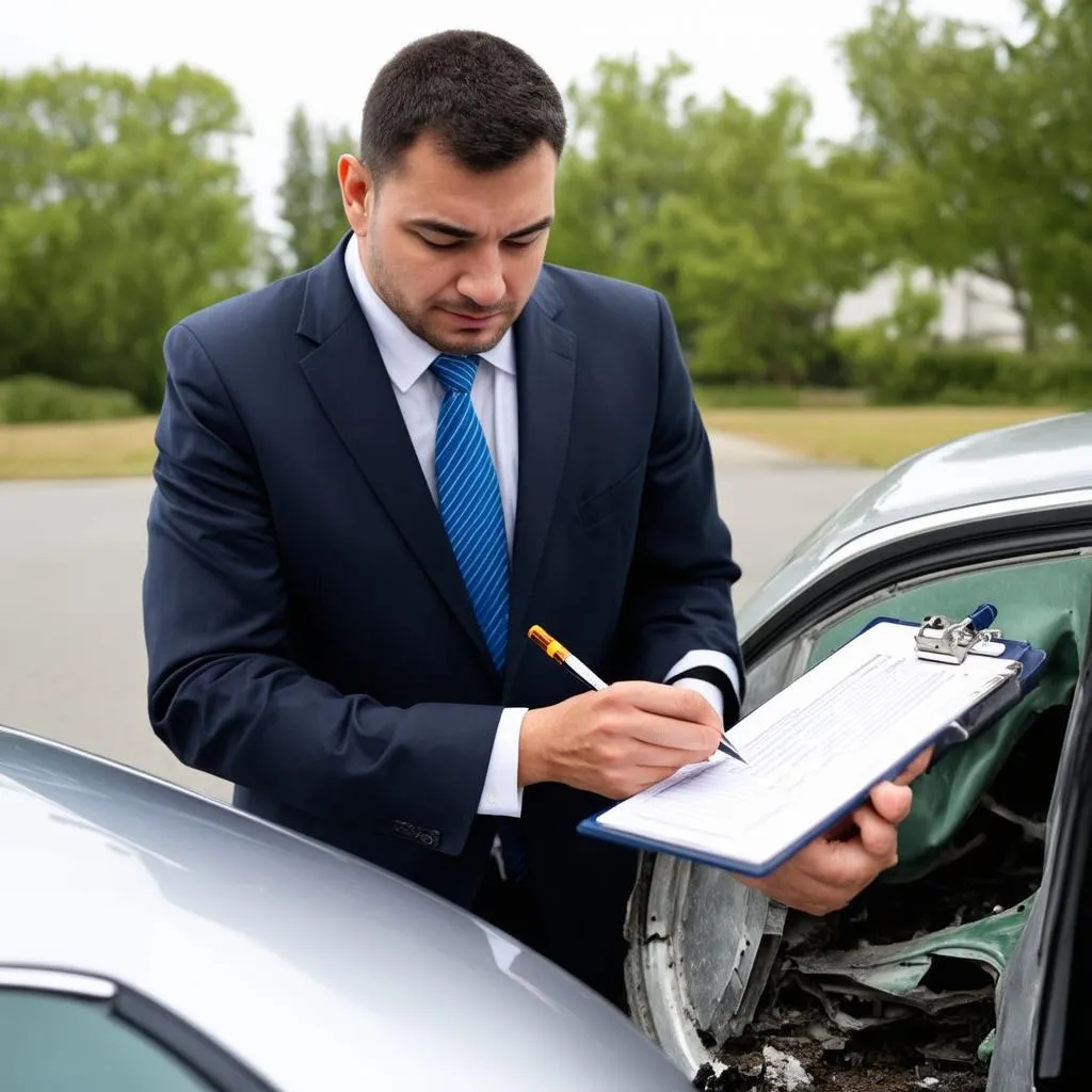 Insurance adjuster inspecting car damage