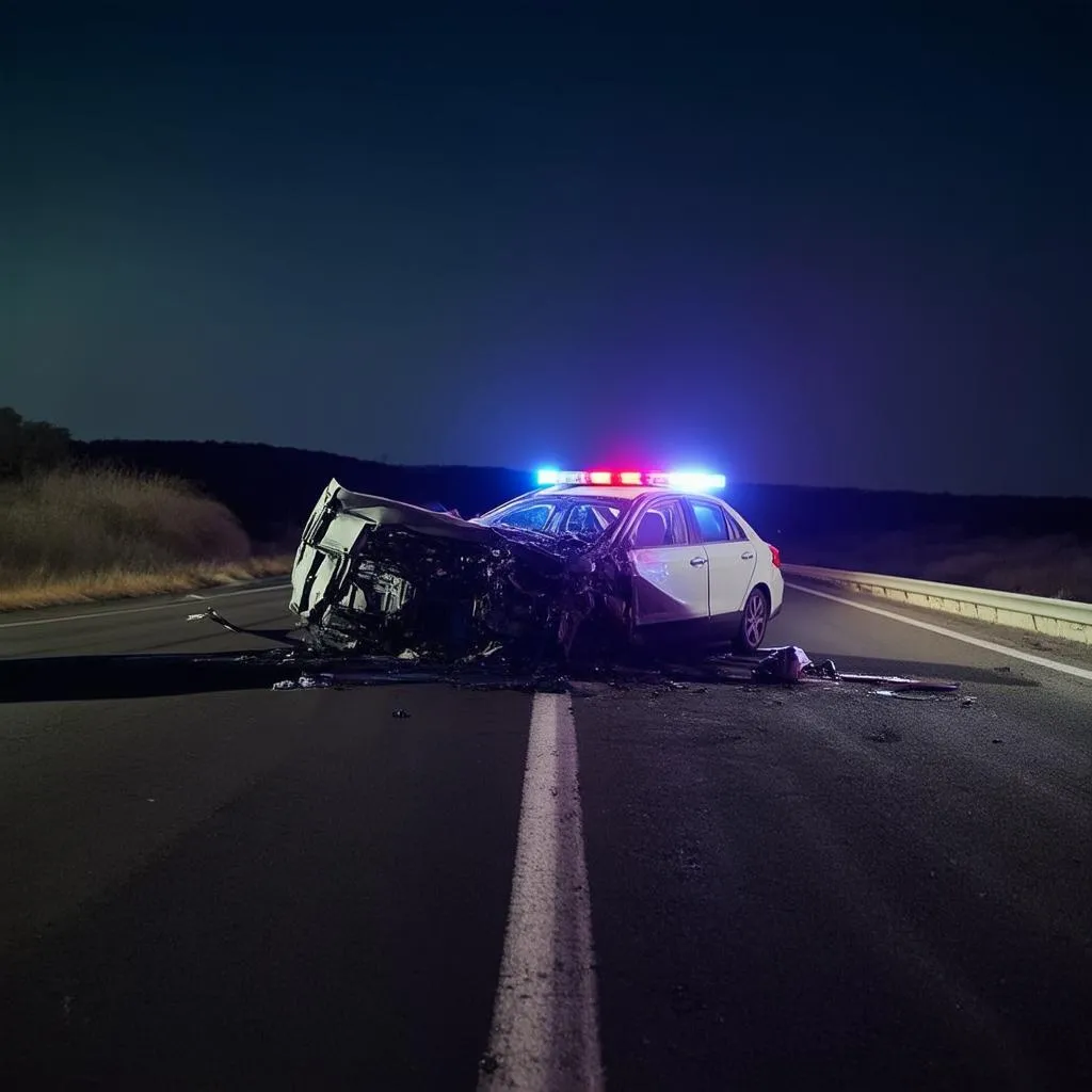 A somber image of a crashed car on a desolate stretch of highway at night, emergency lights flashing