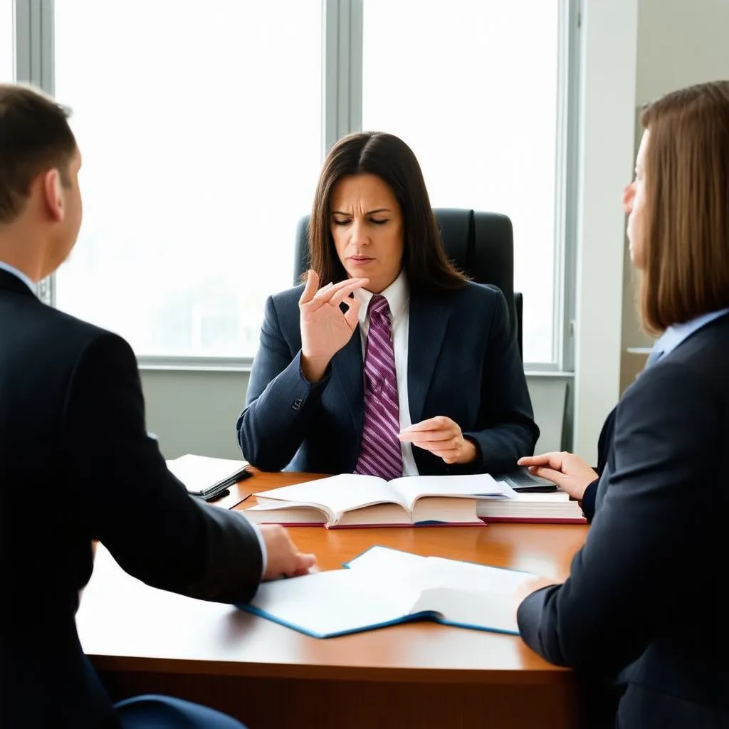  A lawyer sits at their desk in front of a client in their office