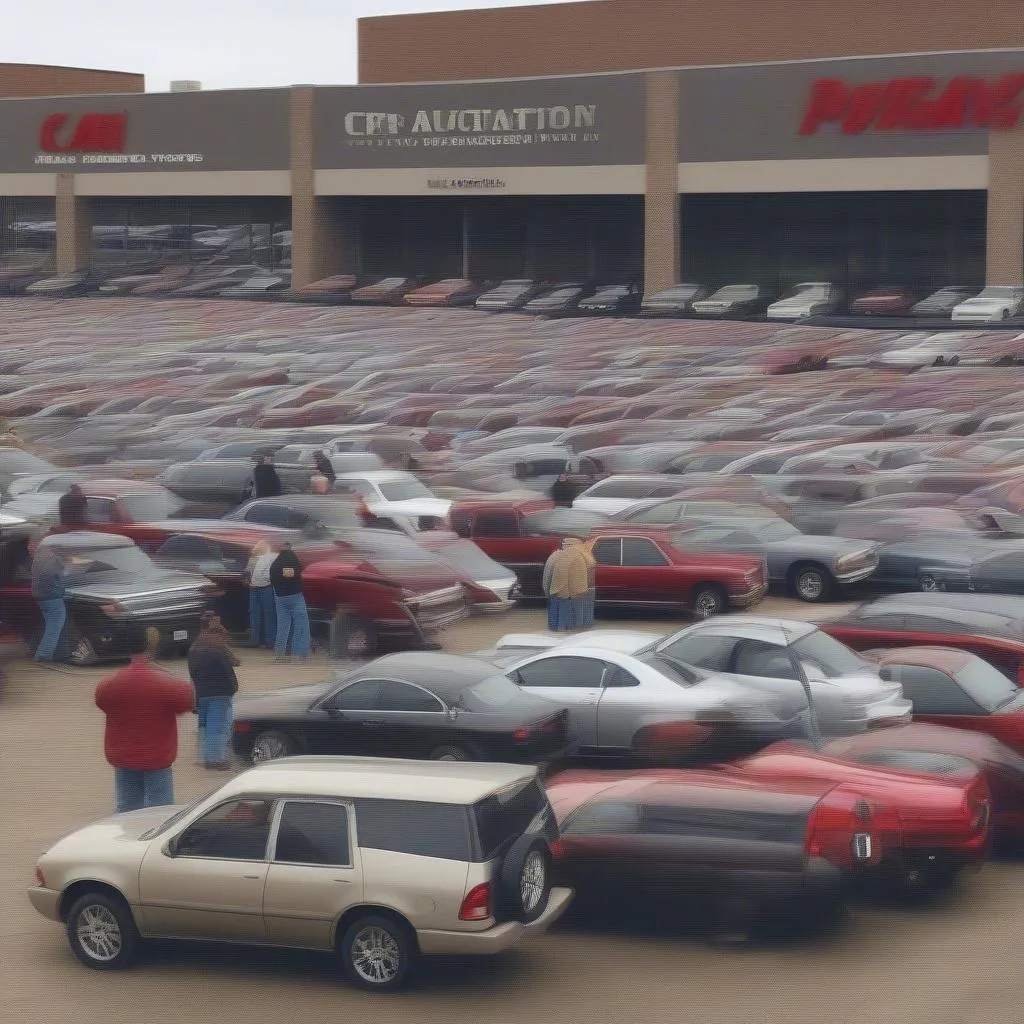 A group of enthusiastic buyers eagerly bidding on a vehicle at a car auction in Springfield, IL.