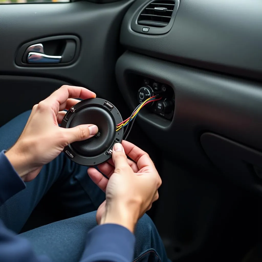 Technician installing a car audio system