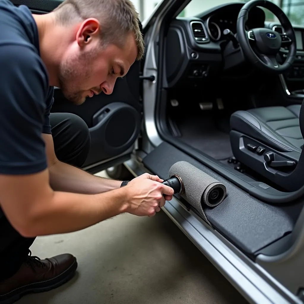 Car Audio Installer Applying Sound Deadener