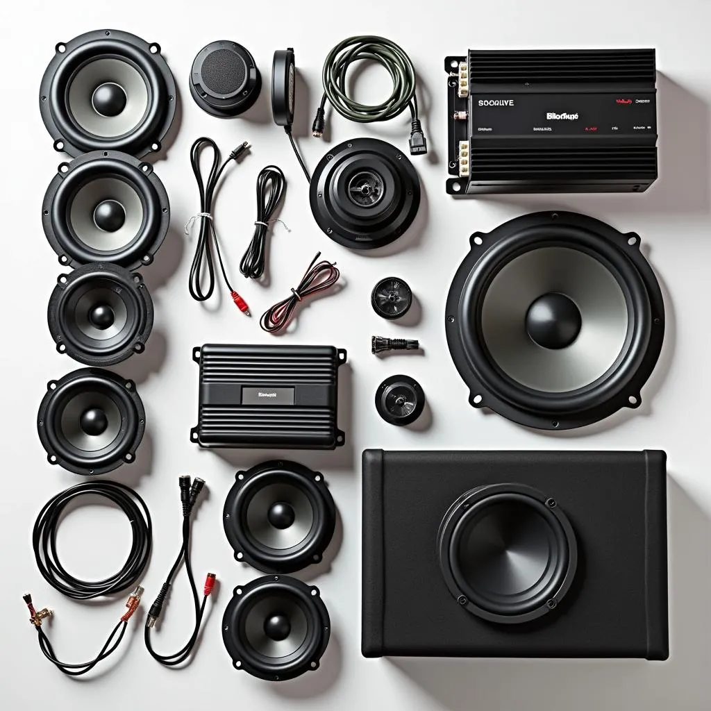 Car audio system components laid out