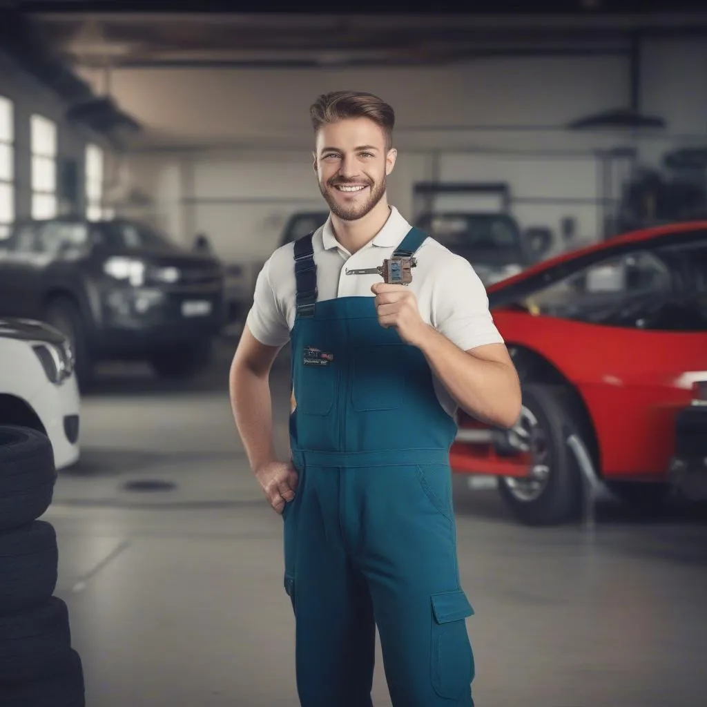 Mechanic holding a business card