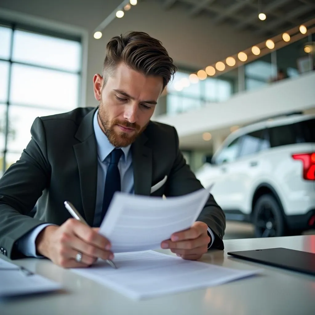 Car buyer carefully reviewing a contract at a dealership