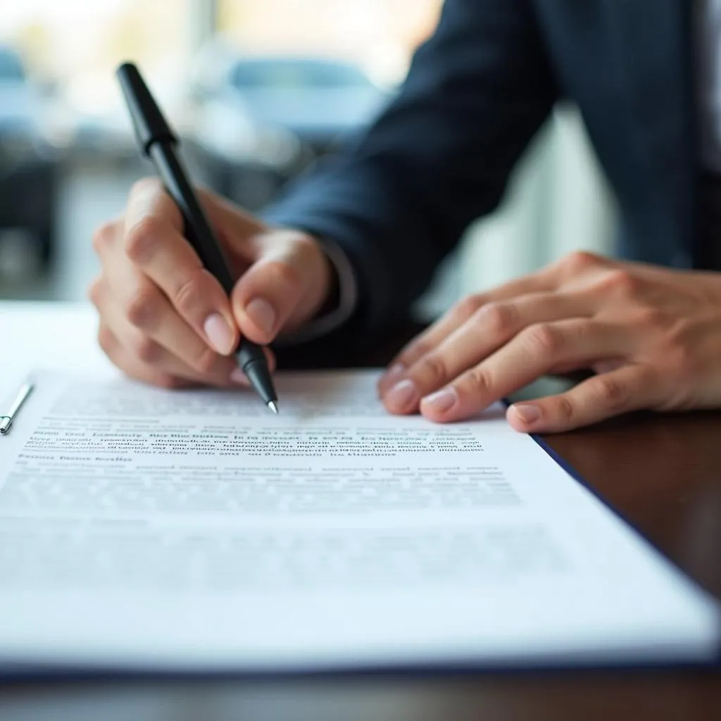 Car Buyer Reviewing Contract at Dealership