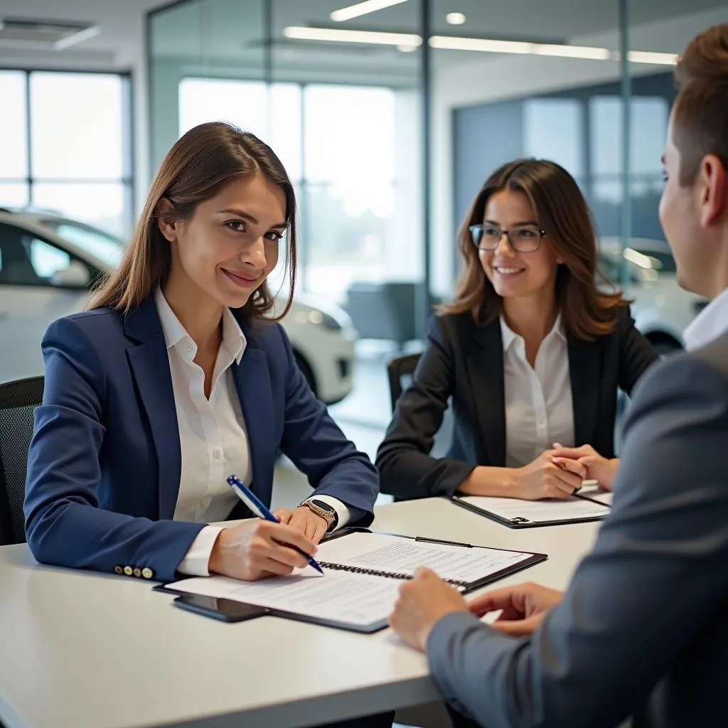 Customer Signing Loan Documents at Car Dealership