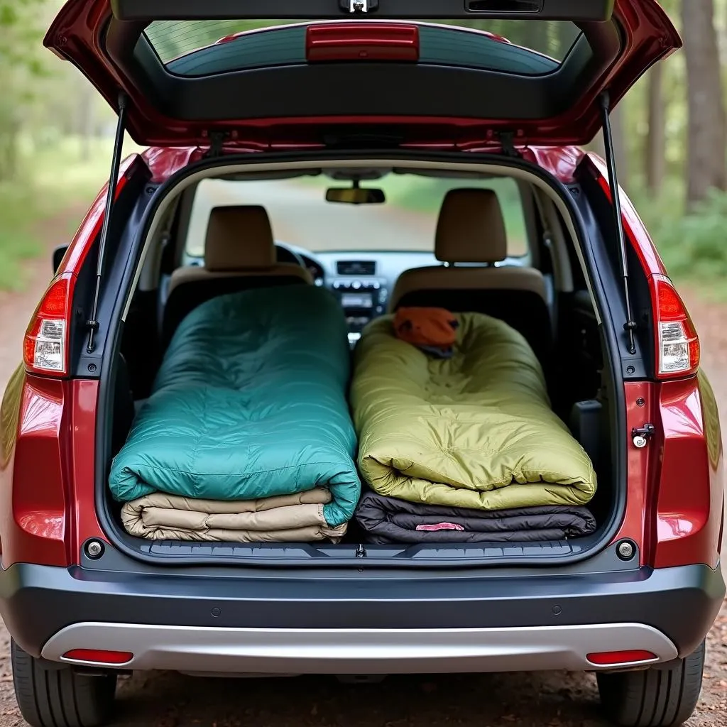 Spacious interior of a Honda CRV packed for car camping