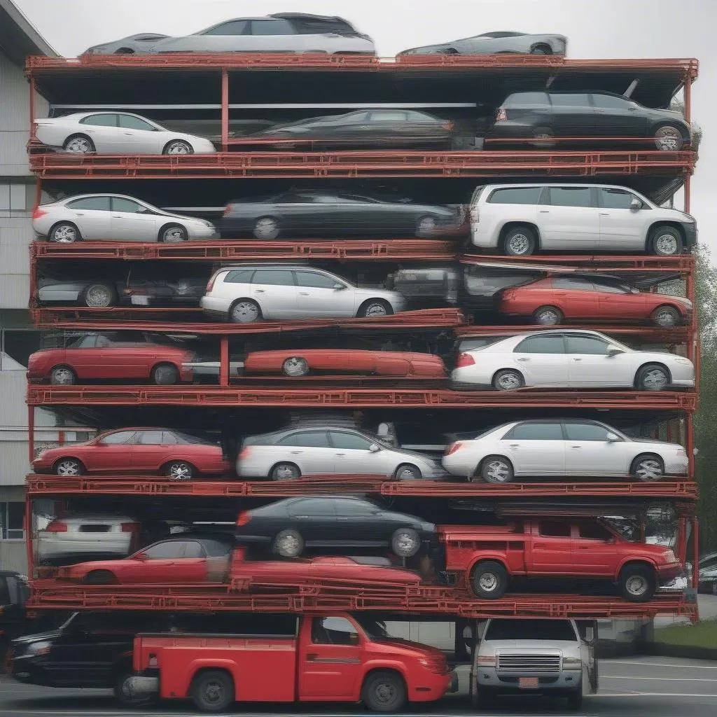 Car carrier truck transporting stacked vehicles