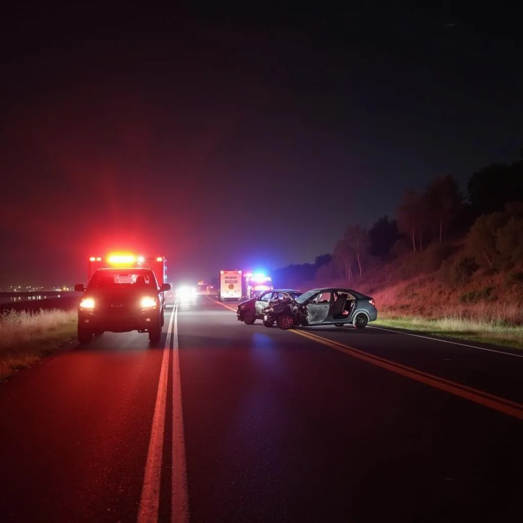 Car crash scene on Highway 84 at night