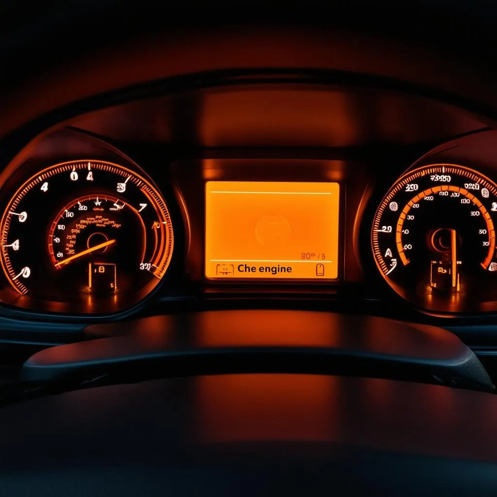 Car Dashboard with Illuminated Check Engine Light