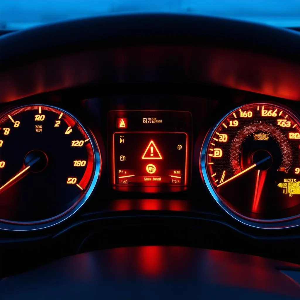 car dashboard with multiple warning lights illuminated