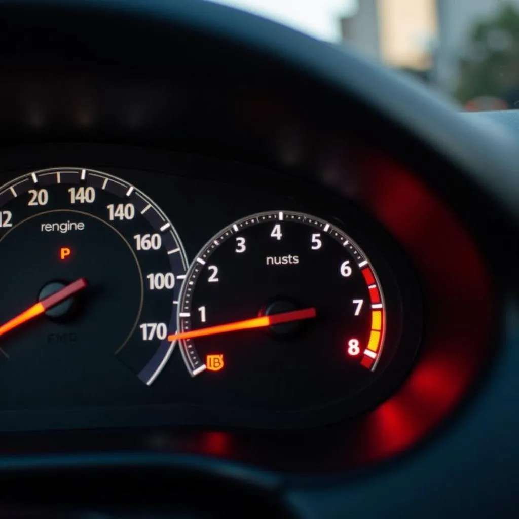 Dashboard with illuminated check engine light and ABS warning light