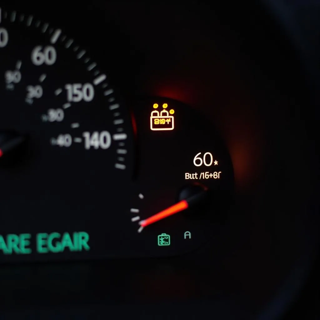 Car dashboard with multiple warning lights illuminated