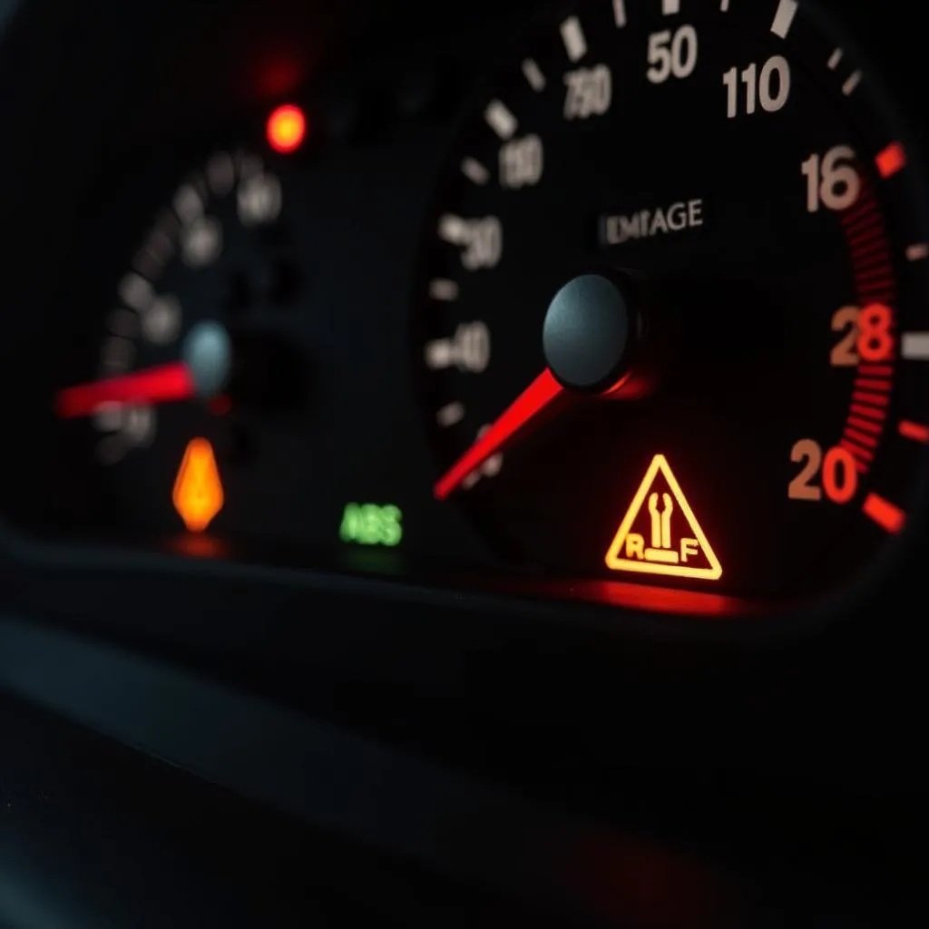 Car dashboard with multiple warning lights illuminated