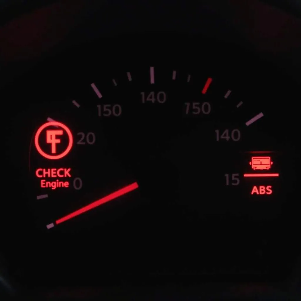 Car dashboard with multiple warning lights illuminated