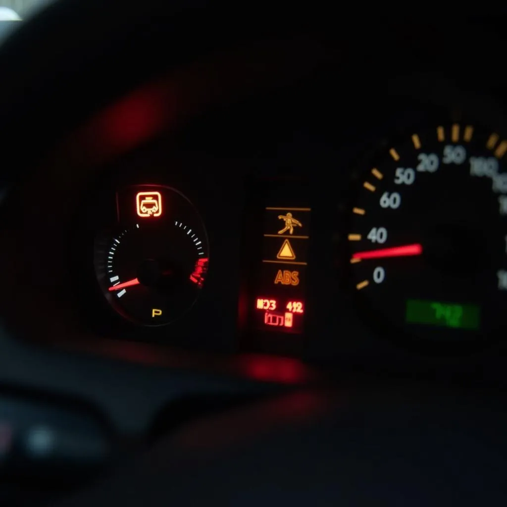 Car dashboard with warning lights illuminated