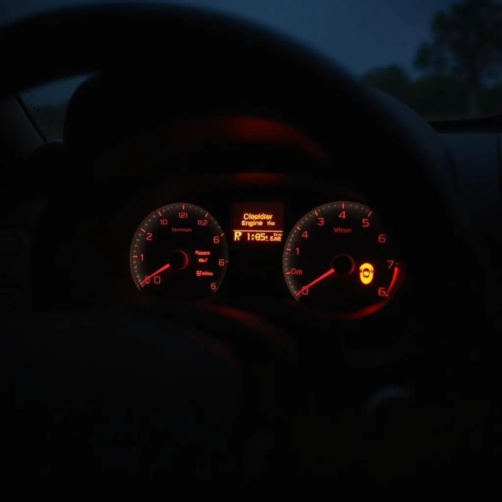 Car dashboard with illuminated check engine light