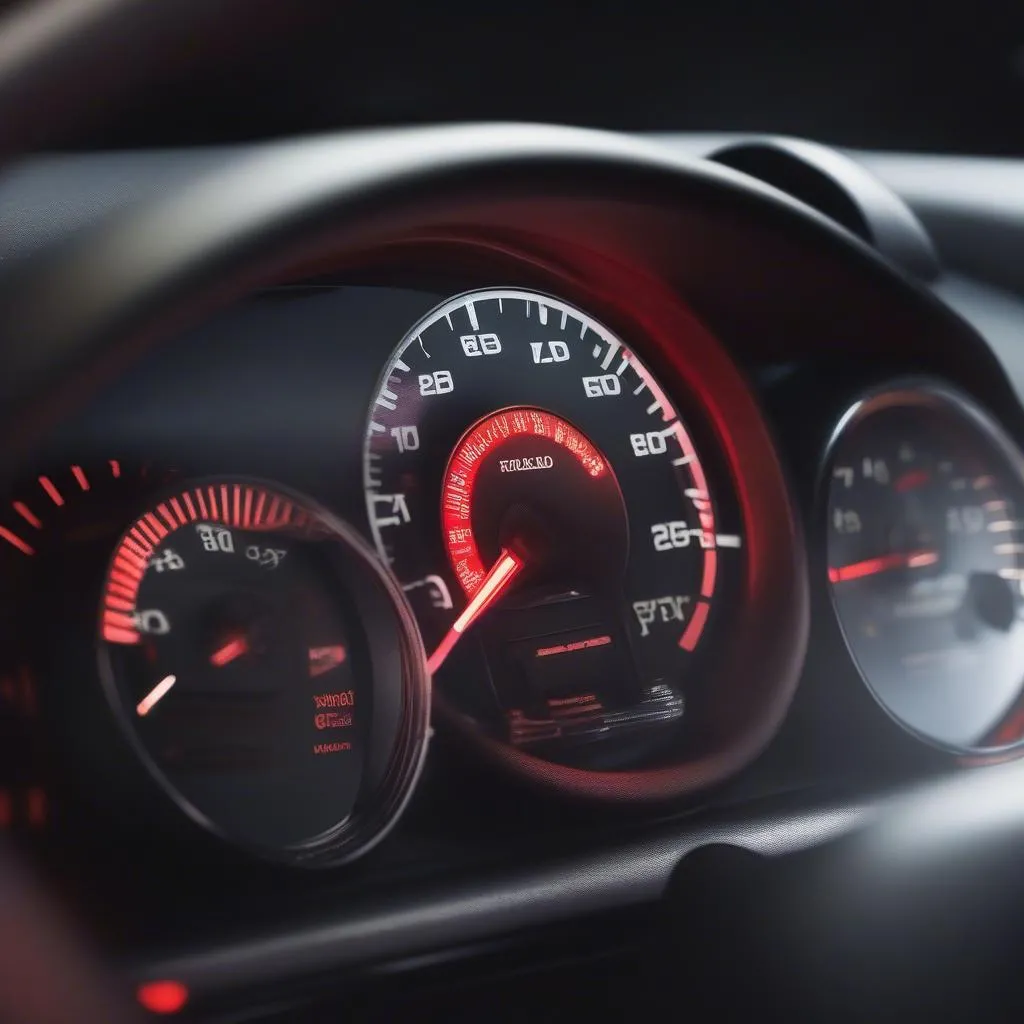 Car dashboard with illuminated warning lights