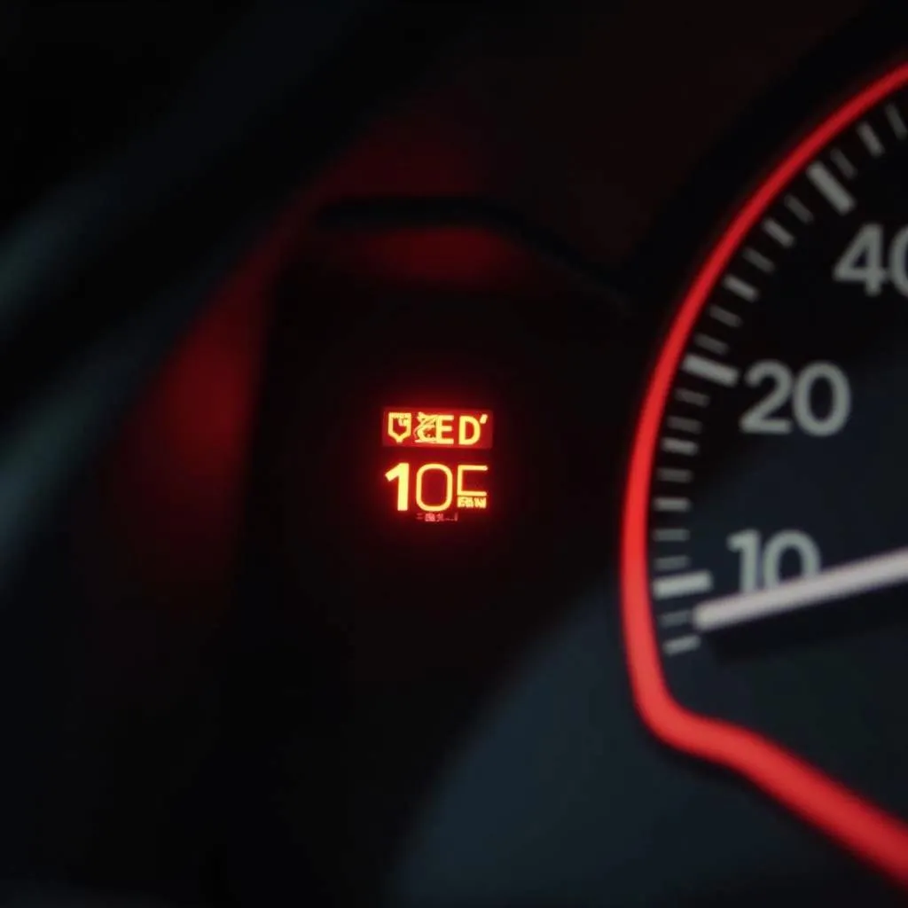 Car dashboard with engine overheating warning light illuminated