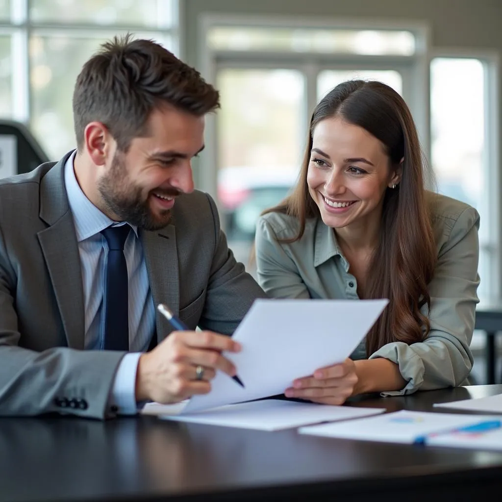 Car dealership finance manager explaining contract