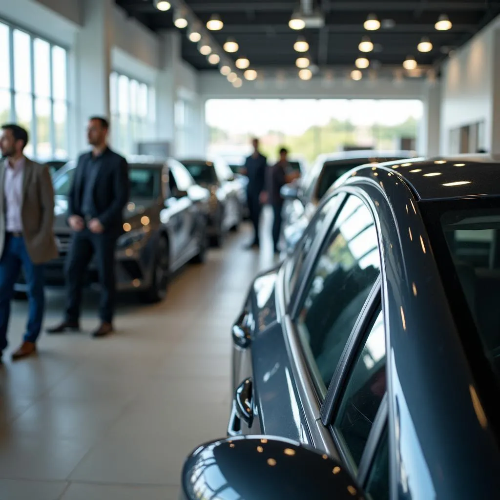 Car Dealership Showroom with Cars and Hang Tags