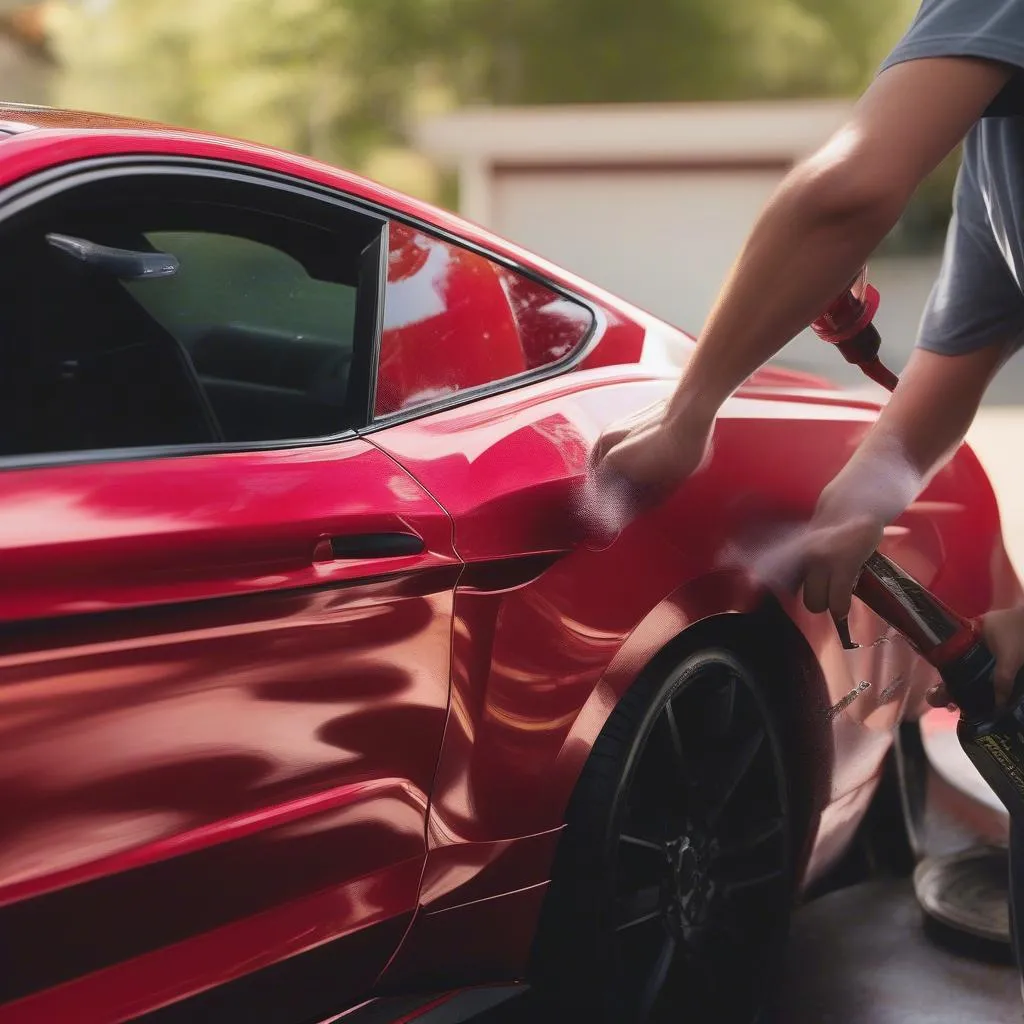 Car detail spray on red mustang